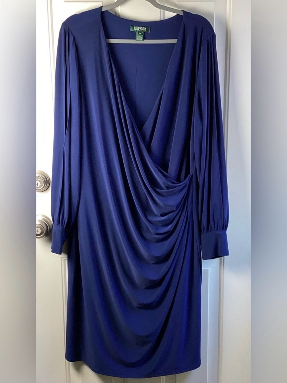 Ralph Lauren Deep Blue Draped Long-Sleeve MIDI Dress flowy stretchy